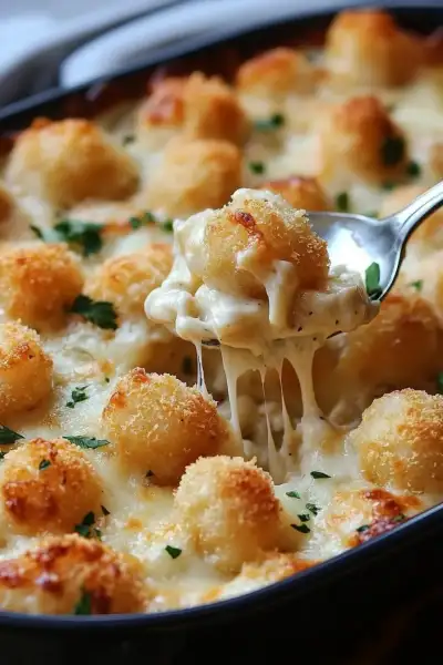 cheesy Chicken Alfredo Tater Tot Casserole with a spoon takken out and cheese pull on