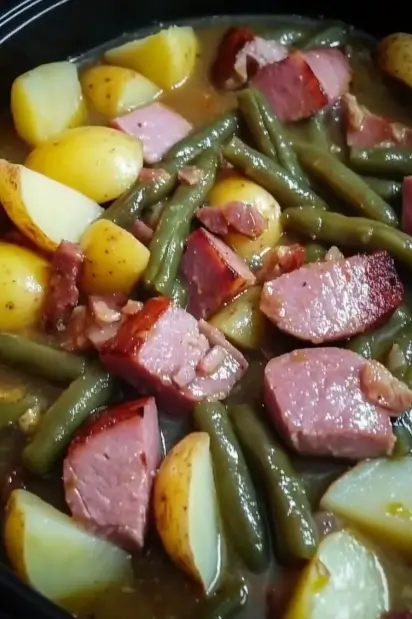 Crockpot Ham, Green Beans, and Potatoes