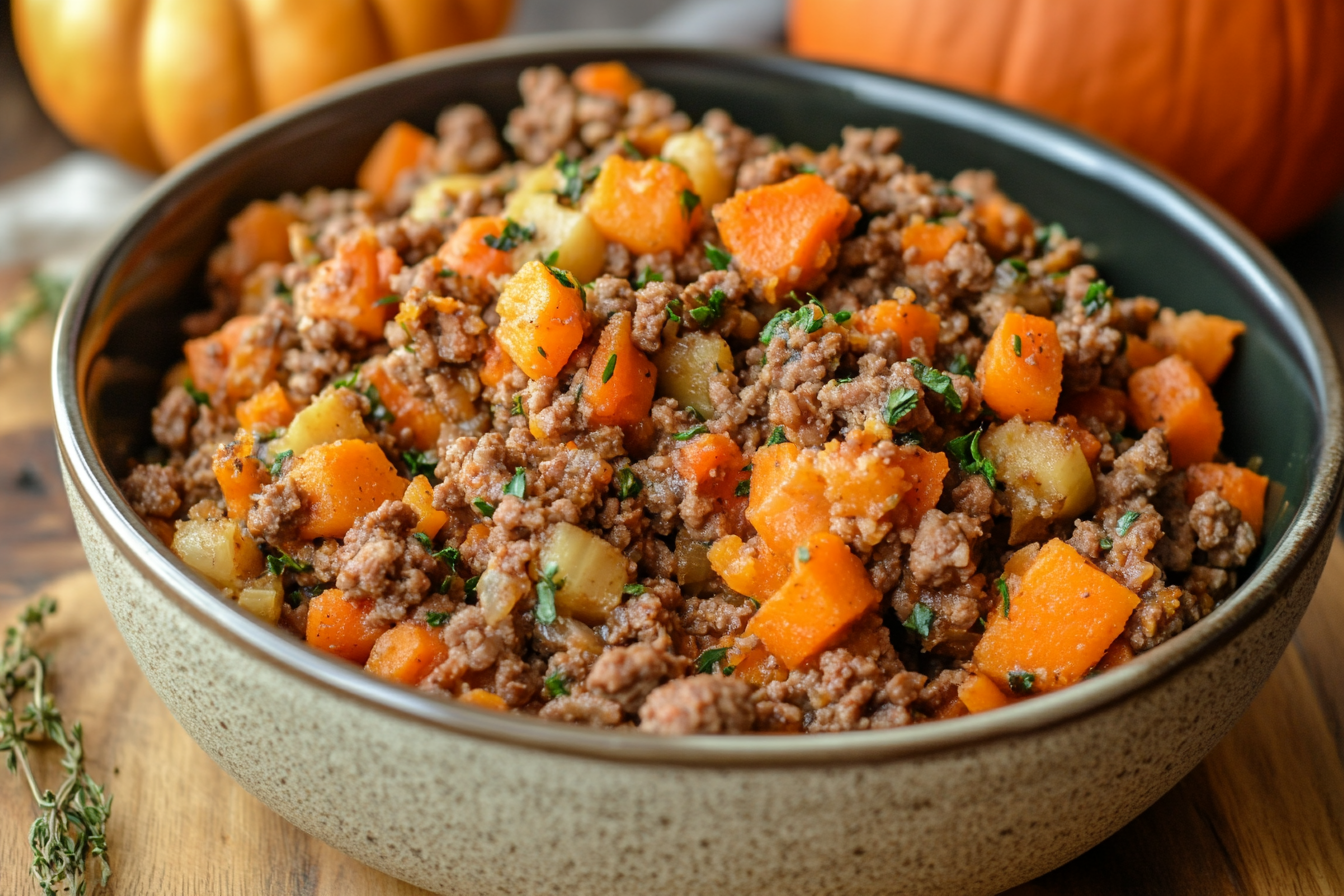 Give your dog a nutritious and delicious meal with this Ground Beef and Pumpkin Dog Food recipe! 🥩🎃 Packed with protein, fiber, and essential nutrients, this homemade dog food is easy to make and perfect for keeping your furry friend happy and healthy. Customize with your pup’s favorite ingredients and enjoy tail wags at every meal. Click to see the full recipe and start cooking for your dog today! Don’t forget to save this pin for later! 🐾