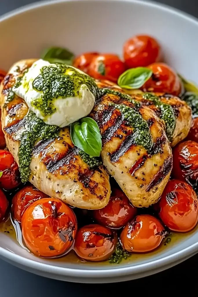 Grilled Chicken with Burst Cherry Tomatoes & Burrata