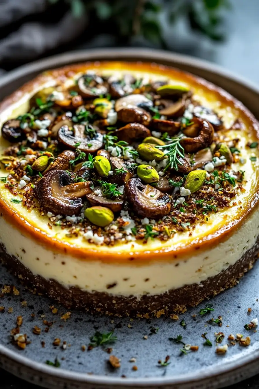 Pistachio and Mushroom Cheesecake with Feta Parmesan Crust