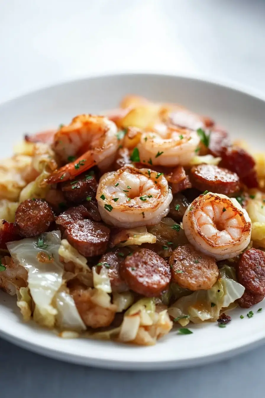 Fried Cabbage with Shrimp, Sausage & Bacon