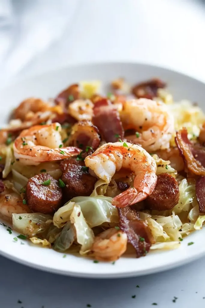 Fried Cabbage with Shrimp, Sausage & Bacon Recipe - MmmRecipes : Easy