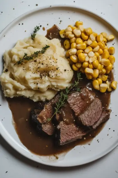 Beef Roast with Mashed Potatoes, Corn, and Gravy