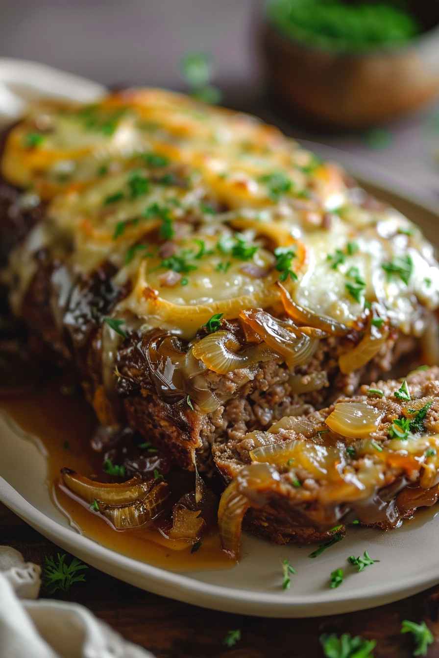 Crockpot French Onion Meatloaf with Melted Swiss Cheese