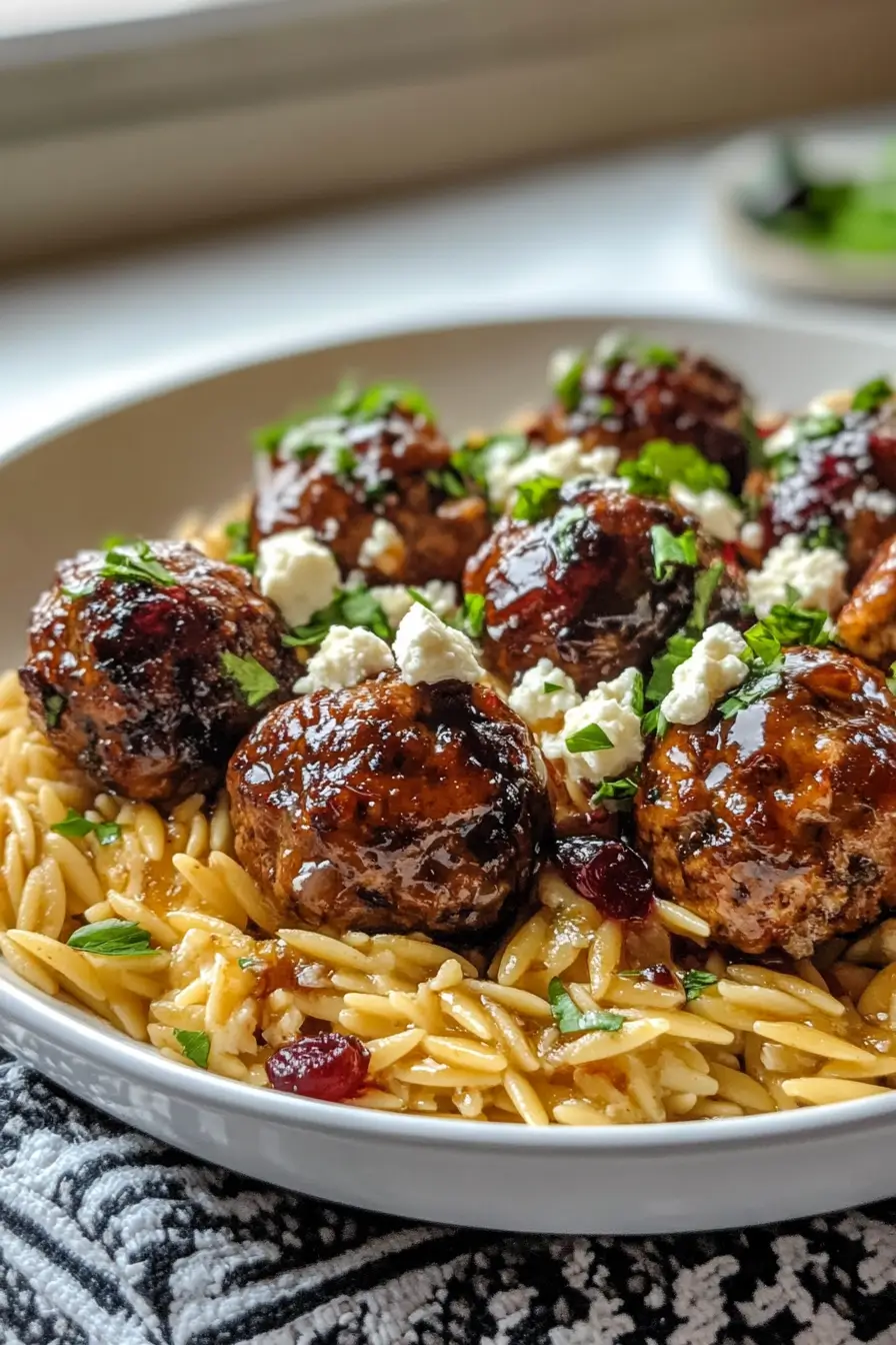 Cranberry & Goat Cheese Chicken Meatballs with Lemon Garlic Orzo