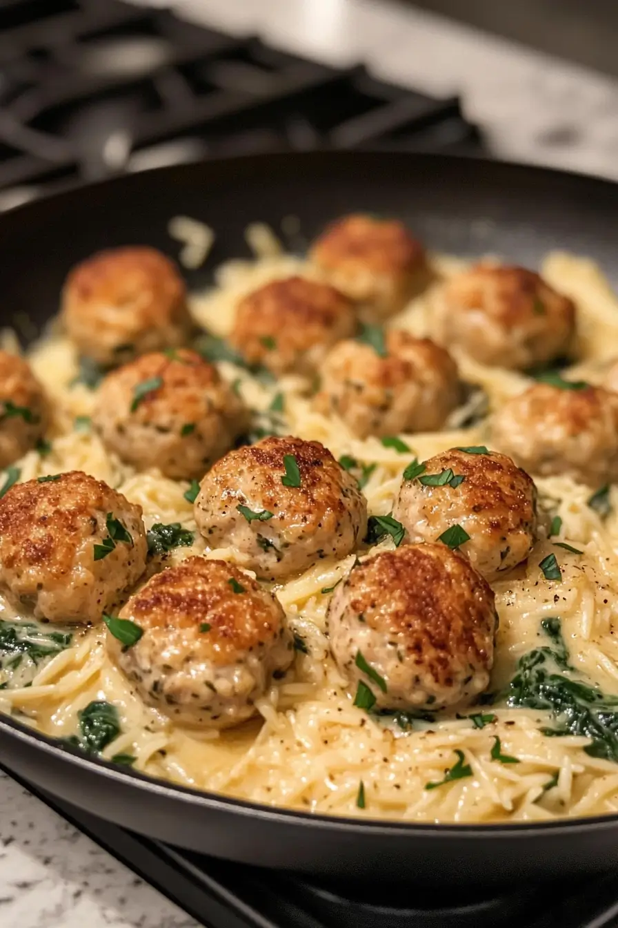 Creamy Lemon Chicken Ricotta Meatballs with Spinach & Garlic Orzo