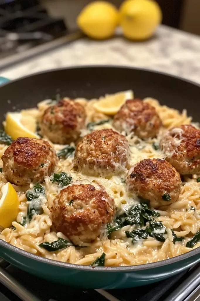 Creamy Lemon Chicken Ricotta Meatballs with Spinach & Garlic Orzo