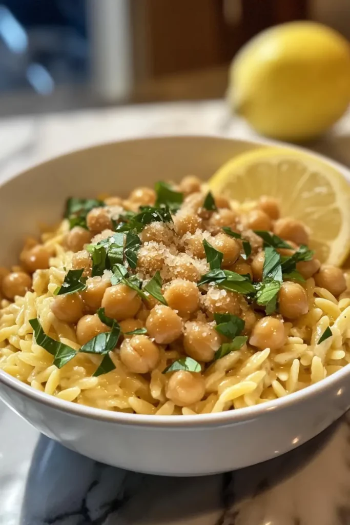 Creamy Lemon Ricotta Orzo with Garlic-Roasted Chickpeas