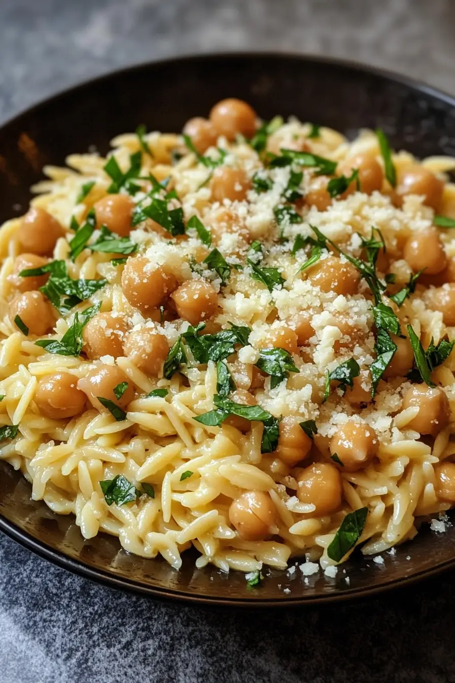Creamy Lemon Ricotta Orzo with Garlic-Roasted Chickpeas