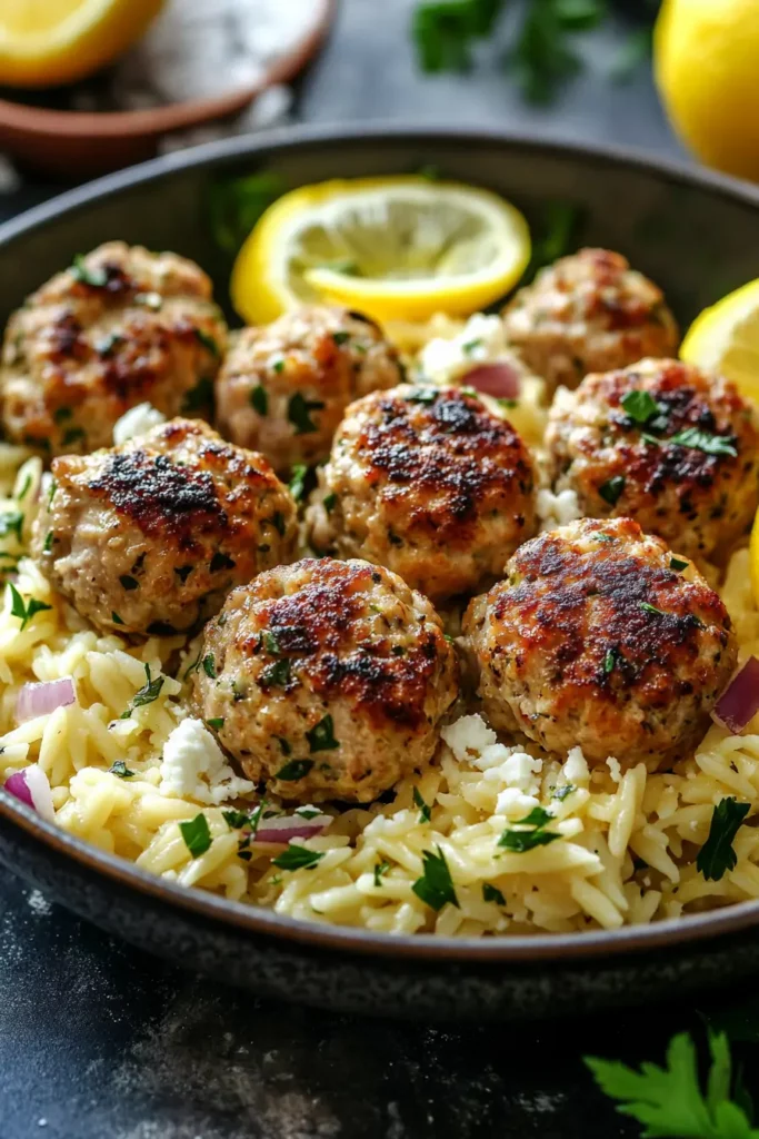 Lemon Chicken Feta Meatballs with Garlic Orzo