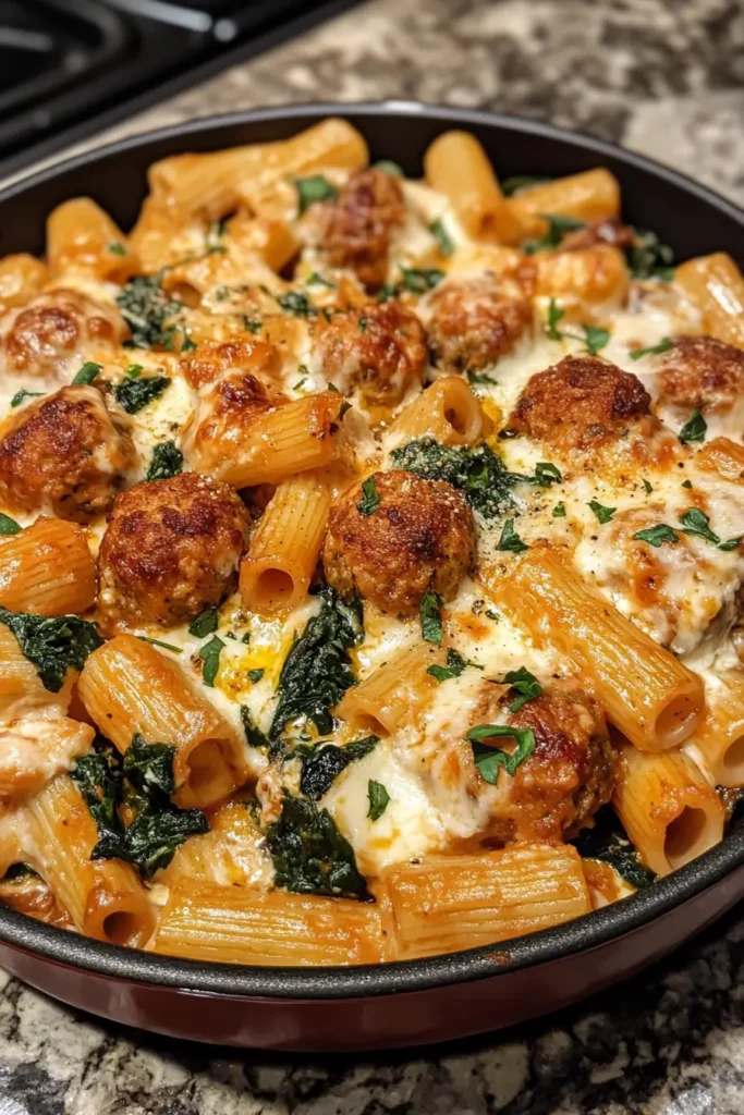 Zesty Turkey & Ricotta Meatballs with Garlic Spinach Rigatoni