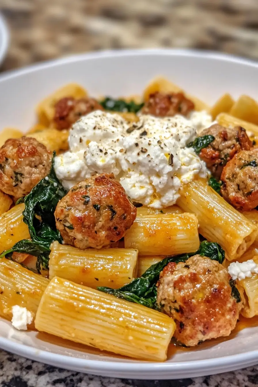 Zesty Turkey & Ricotta Meatballs with Garlic Spinach Rigatoni