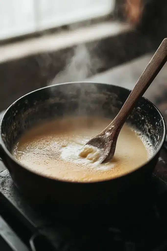 A smooth, creamy Easy Béchamel Sauce in a white porcelain bowl, with a spoon lifting the velvety sauce. The rich texture and glossy surface are highlighted by soft directional lighting, creating a warm and inviting feel. A rustic wooden countertop with subtle kitchen elements is softly blurred in the background