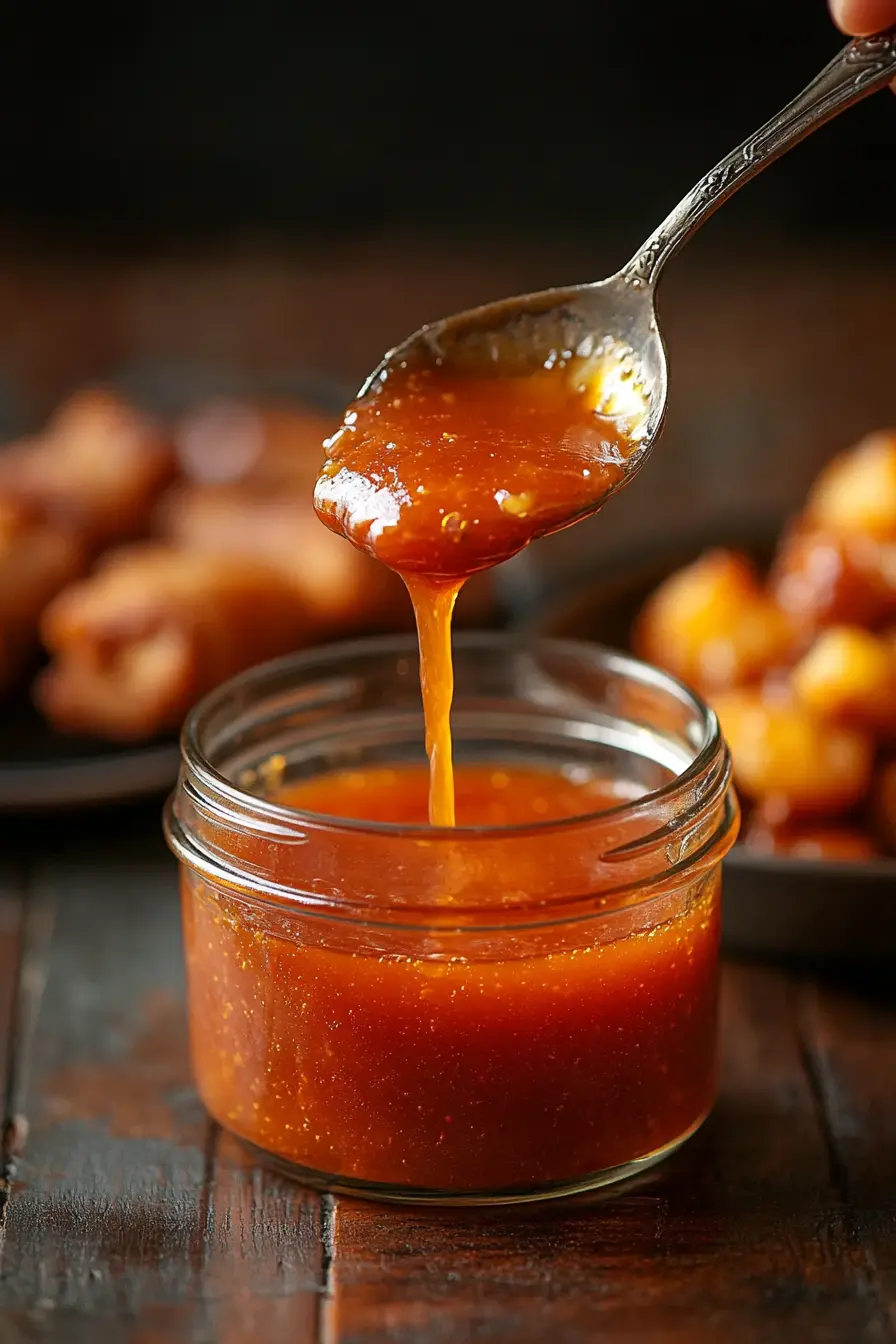 A glossy, vibrant red-orange sweet and sour sauce being poured from a saucepan into a glass jar. A spoon with a drizzle of sauce rests nearby, with crispy egg rolls and fried chicken in the softly blurred background.