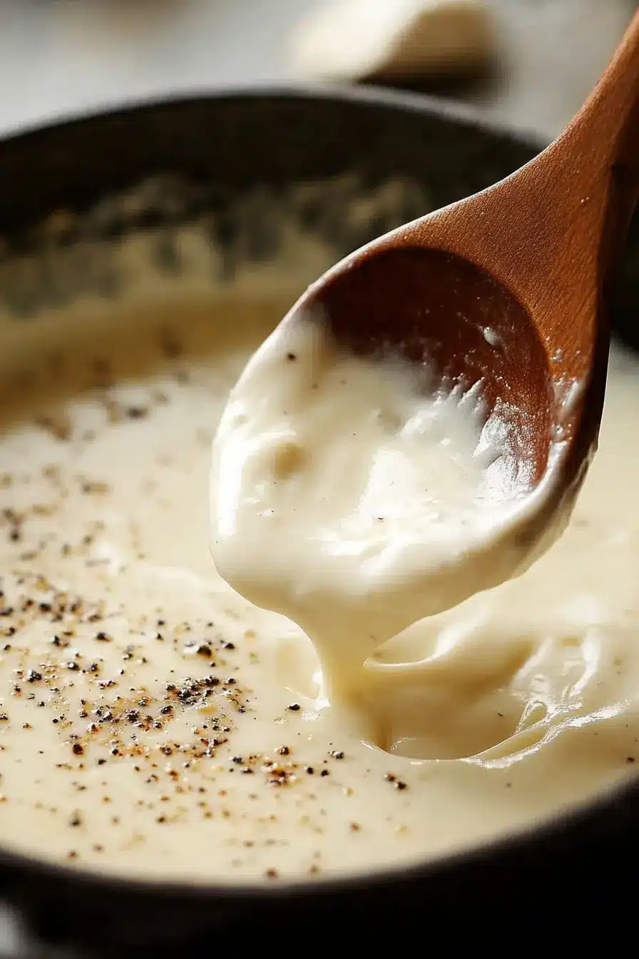A smooth, creamy Easy Béchamel Sauce in a white porcelain bowl, with a spoon lifting the velvety sauce. The rich texture and glossy surface are highlighted by soft directional lighting, creating a warm and inviting feel. A rustic wooden countertop with subtle kitchen elements is softly blurred in the background