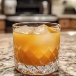Glass of Brazilian Mounjaro metabolism-boosting drink with ice, lemon slice, and golden turmeric hue on a kitchen counter