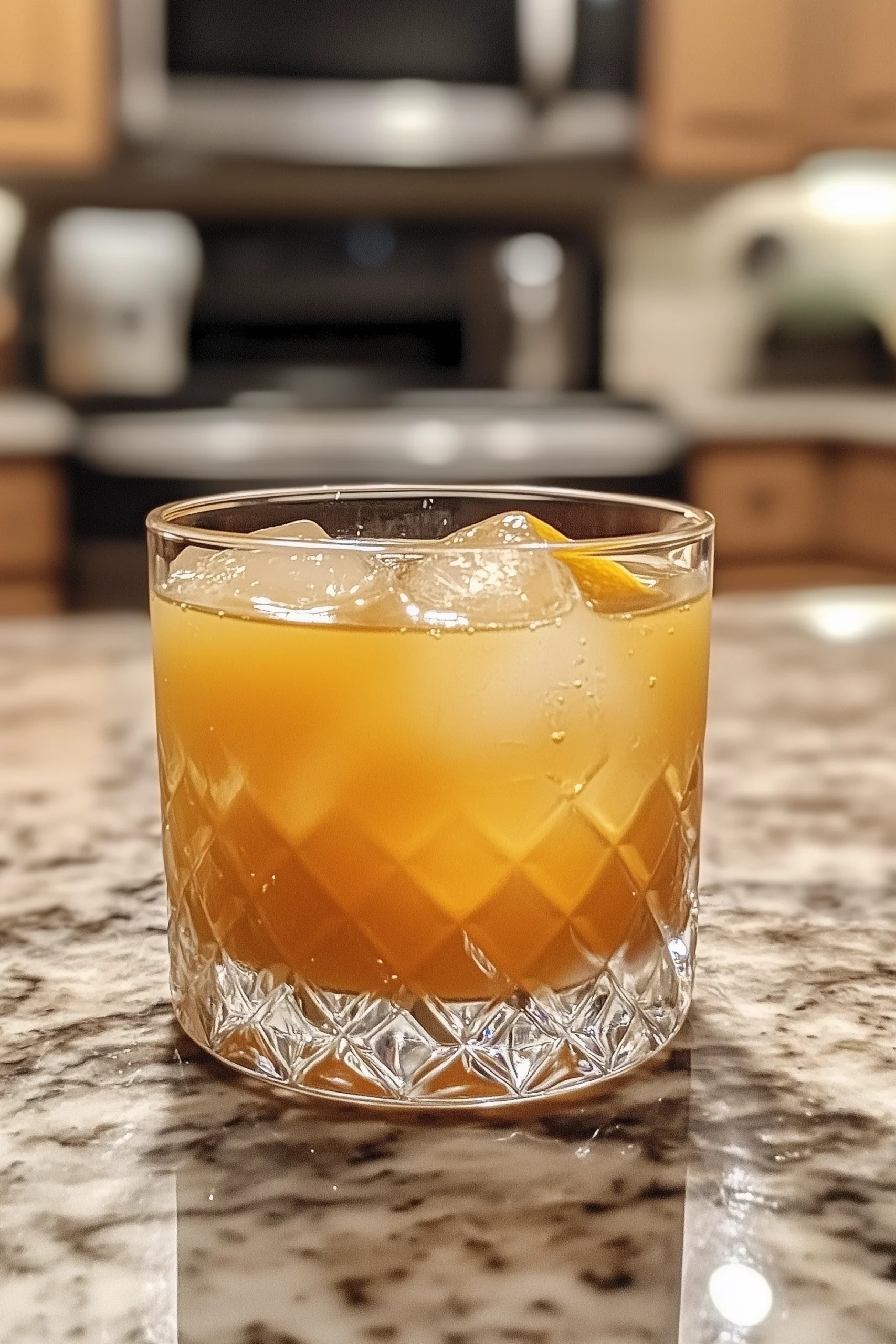 Glass of Brazilian Mounjaro metabolism-boosting drink with ice, lemon slice, and golden turmeric hue on a kitchen counter