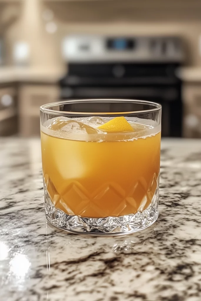 Crystal glass of iced Brazilian Mounjaro detox drink with citrus garnish and golden-orange color