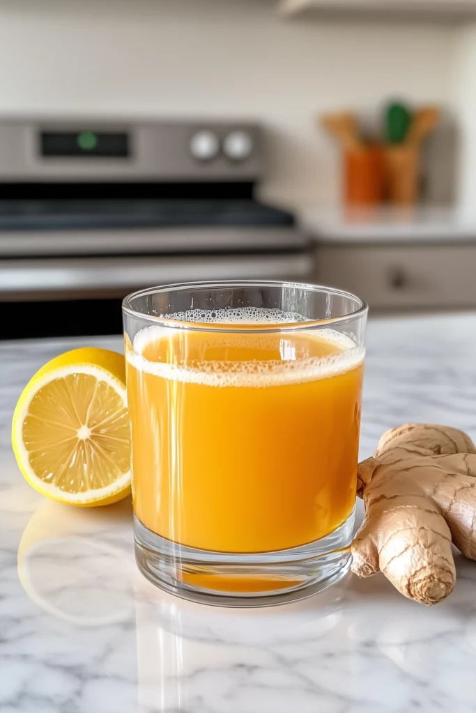 Glass of natural Mounjaro-inspired detox drink with lemon and fresh ginger on a marble kitchen counter