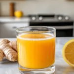 Healthy ginger and lemon detox drink with raw ingredients in a modern kitchen setting