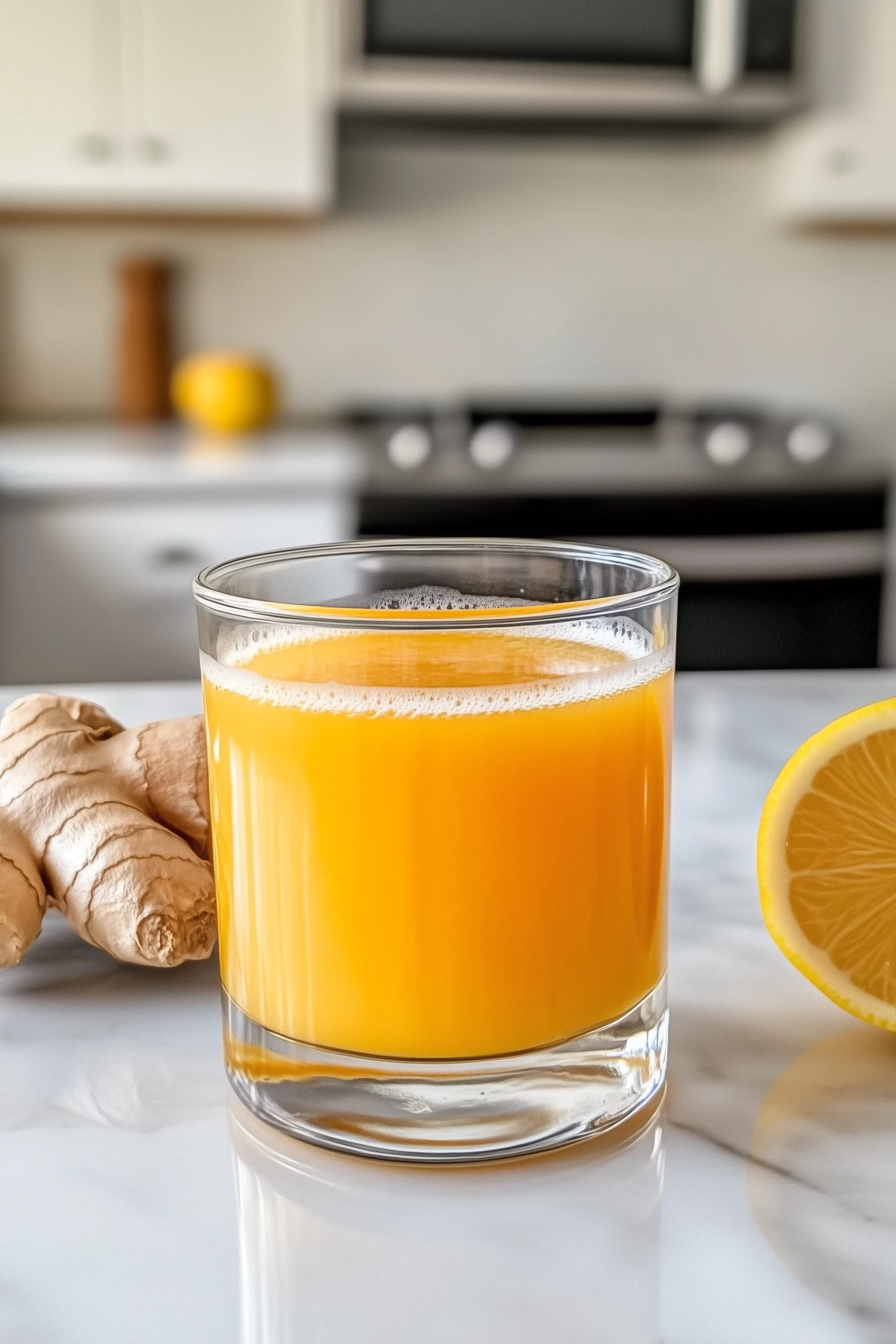 Healthy ginger and lemon detox drink with raw ingredients in a modern kitchen setting