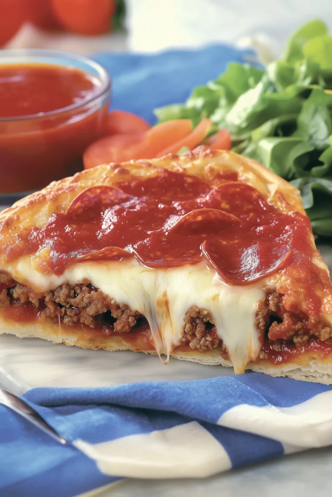 Slice of deep dish pizza with melted cheese and pepperoni
