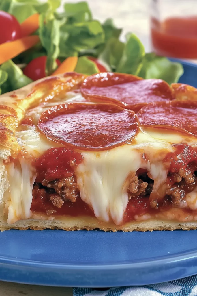 Cheese-stuffed deep dish pizza with pepperoni and beef