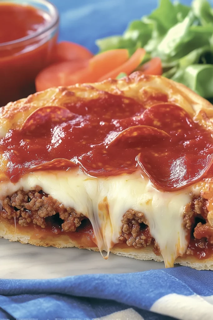 Close view of gooey cheese and beef in a deep dish pizza