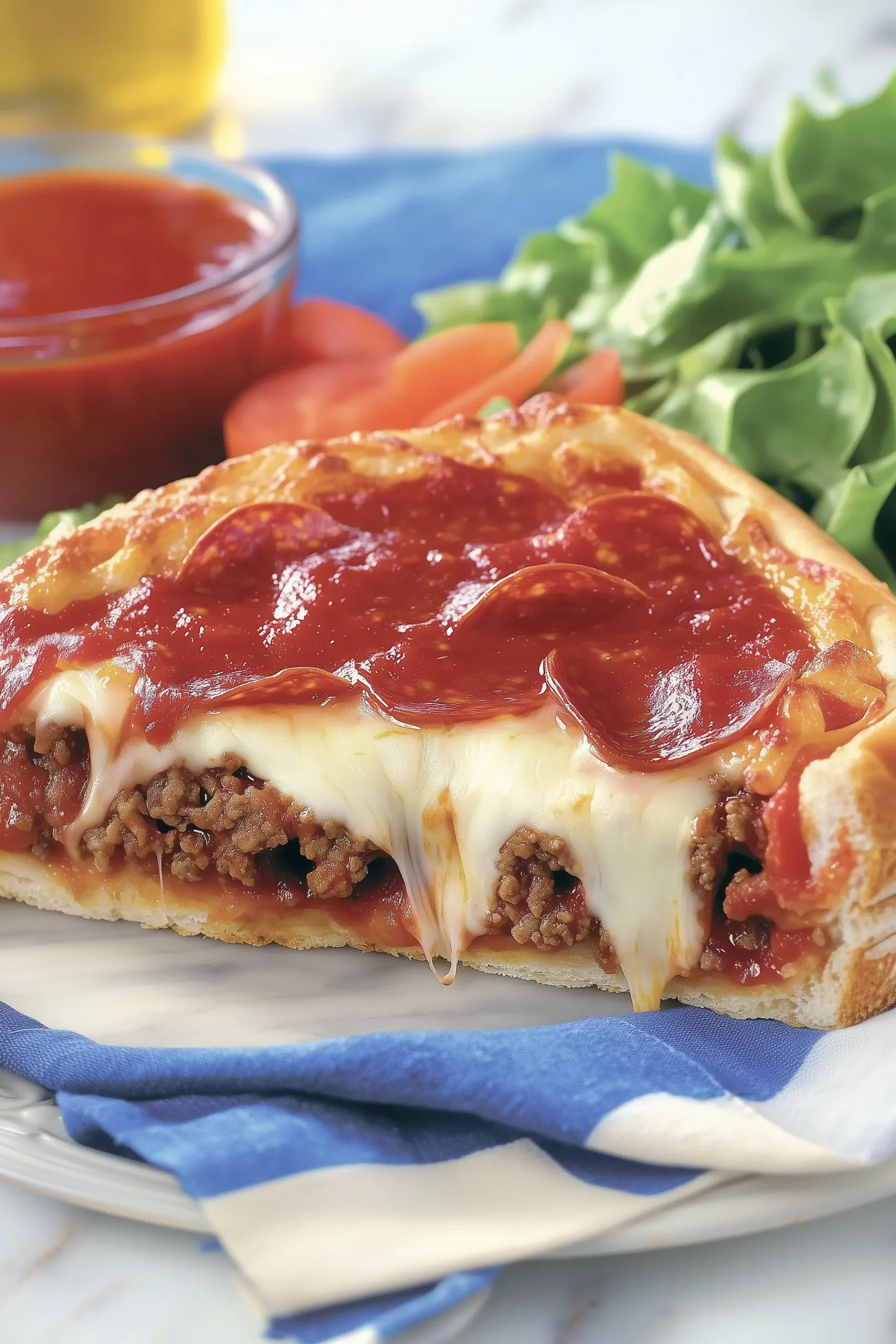 Deep dish pizza slice with cheese stretching out