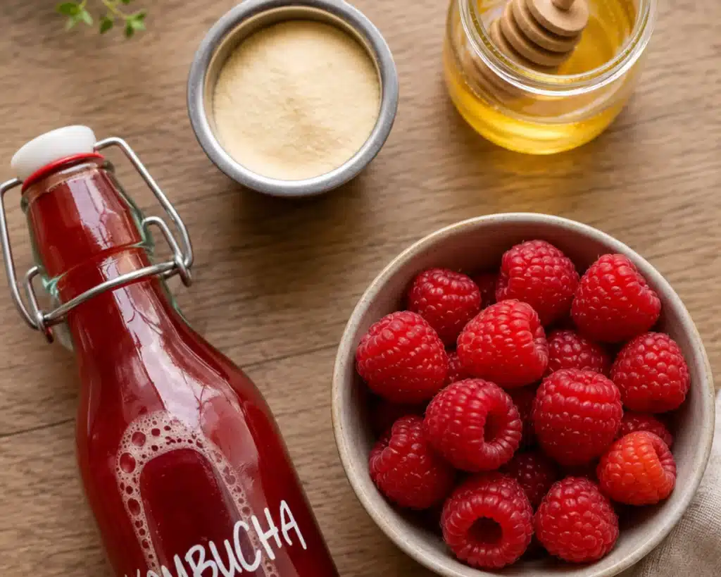 Raspberry gummy ingredients on wooden table