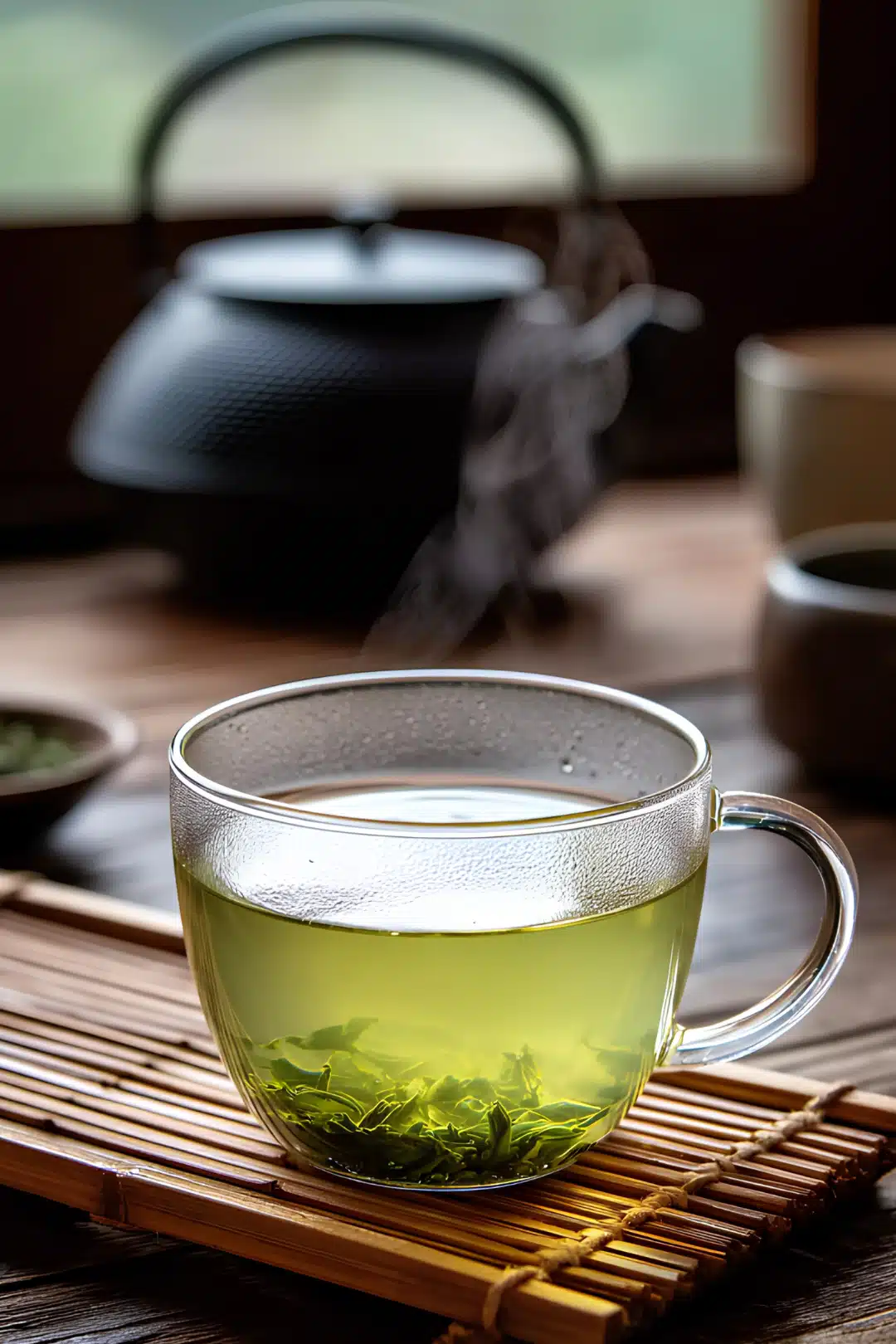 Steaming green tea in glass cup