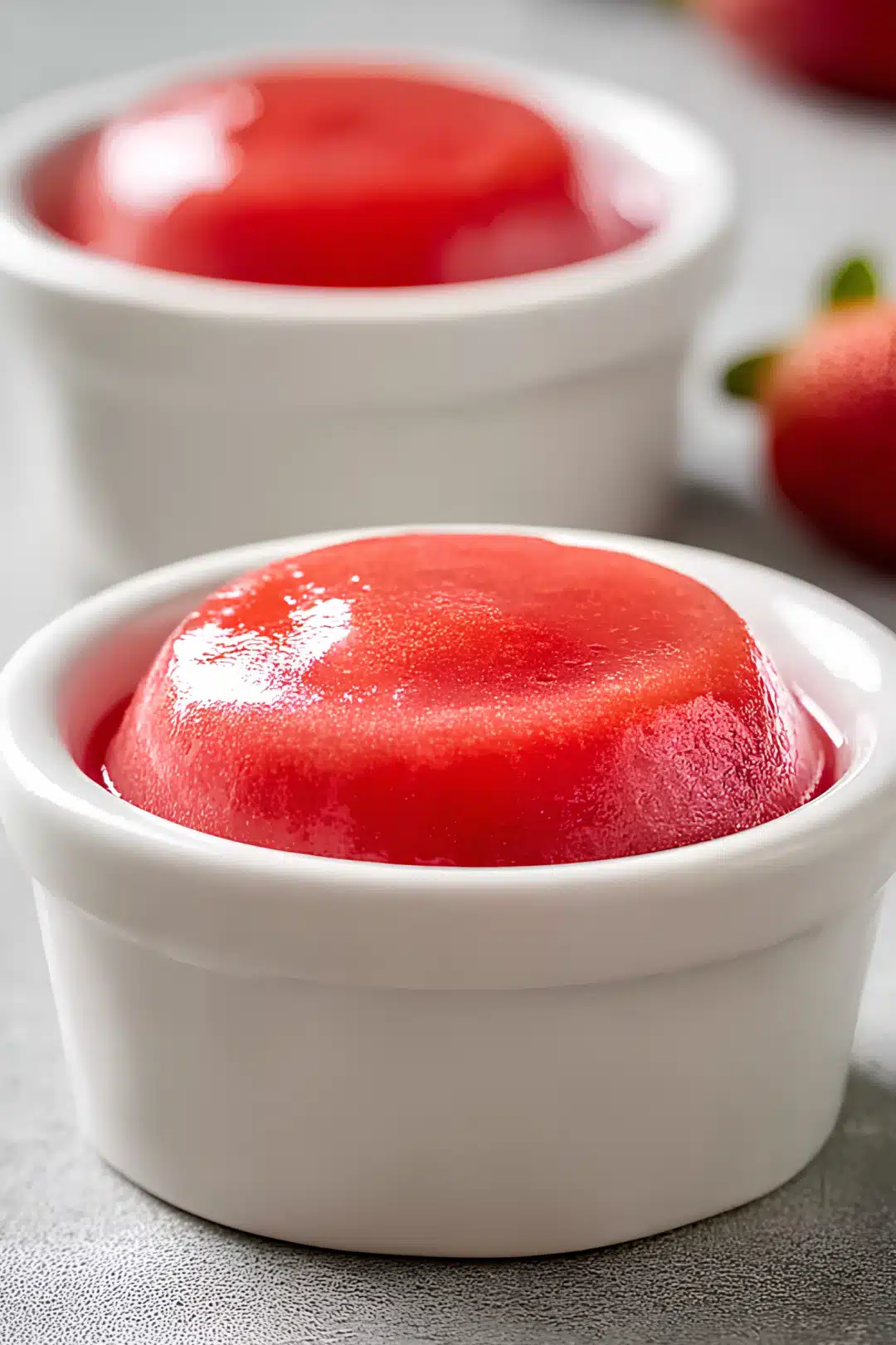 Strawberry gelatin dessert in ramekin