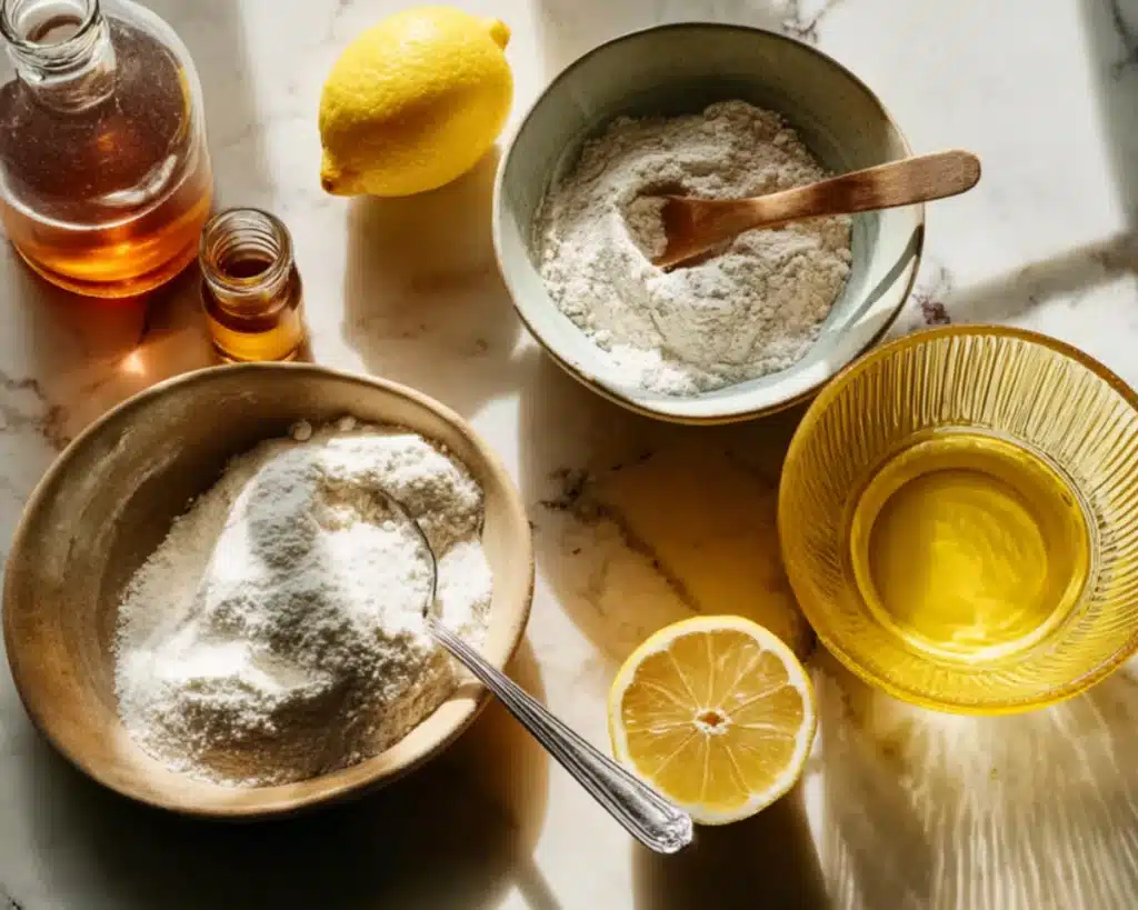 baking soda lemon and apple cider vinegar ingredients flat lay